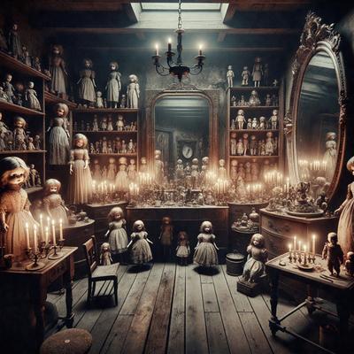 The primary subject of the image is a room filled with numerous dolls, creating a creepy and eerie atmosphere. The setting is a dark room with a chandelier hanging from the ceiling, adding to the spooky ambiance. The visual style appears to be a combination of a photo and digital art, as the dolls are arranged in a way that resembles a painting. The colors in the image are predominantly dark, with the dolls being the main focus, and the overall mood is